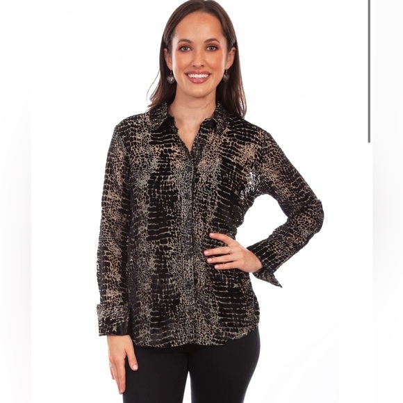 Scully Animal Print Velvet Burn Out Button Up Blouse Black Grey Western Large - Picture 1 of 11